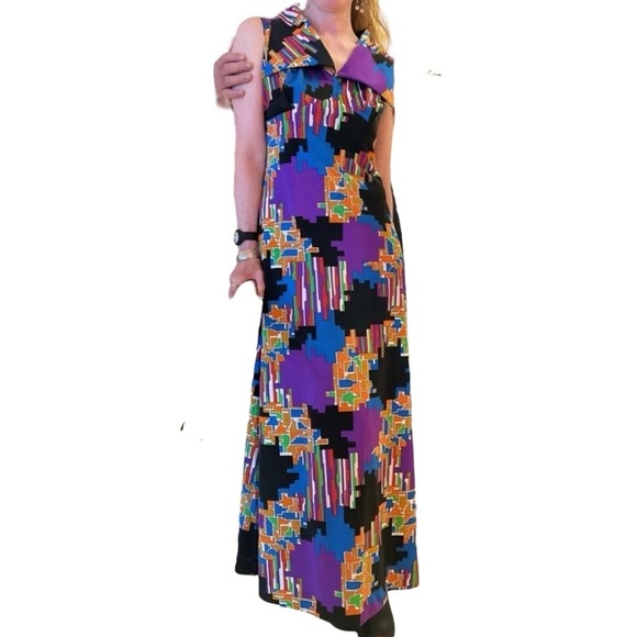 Vintage Handmade Boho Chic Purple Geometric Sleeveless Long Maxi Dress Medium - Picture 1 of 11